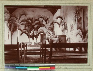 Church interior decorated with palm branches, Midongy, Madagascar, 1901