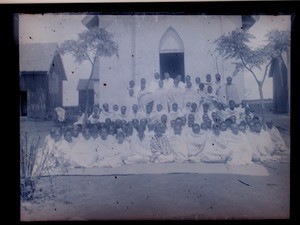 Leprous patients gathered outside the church, Ambohipiantrana, Antsirabe, Madagascar, ca.1895