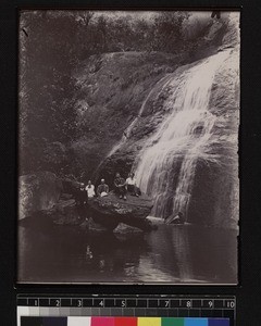 Missionary party visiting waterfall, Kodaikanal, Tamil Nadu, India, ca. 1910