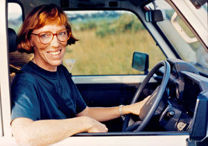 Anna-Lise Væggemose, AIDS consultant of Karagwe Diocese, Tanzania, 1991-94. Driving to visit pe