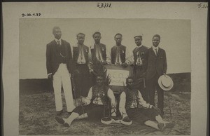 "Christian soldiers in Accra. West Indians from the Asante war, with their decorations. At tea given by the missionary O. Schultze