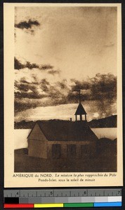 Wooden church standing near a shoreline, Canada, ca.1920-1940