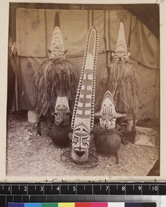 Still life of masks, Papua New Guinea, ca. 1890