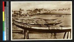 Boats on the shore before Elmina Castle, Ghana, ca.1920-1940