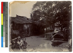 People boating down a river or canal, Jieyang, China, ca.1913-1923