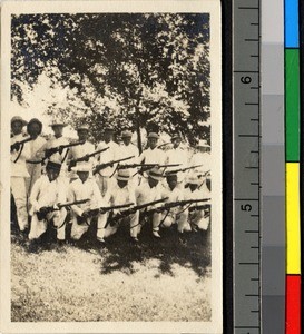 Men of the guard lined up with rifles, Haizhou, Jiangsu, China, 1917