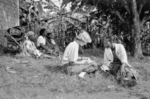 Missionary Nurse Karen Kjær Baggesgaard with patients at the ELCT dispensary in Rwantege, North