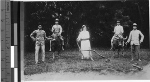 Priest standing with farmers and oxen, Borneo, ca. 1920-1940