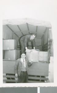 Two German Men Unloading a Relief Truck, Frankfurt, Germany, ca.1948-1952