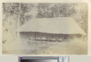 Missionary and congregation in front of mission church, Éfaté, ca.1890