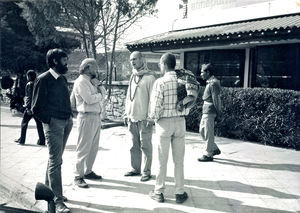 Finn Thomsen (left) and Neil Duddy in conversation with an American Buddhist, Kathmandu, Nepal