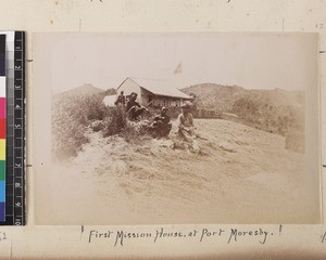 Group seated outside first mission house, Port Moresby, Papua New Guinea, ca. 1890