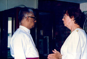 Arcot Lutheran Church, Chennai/Madras, Tamil Nadu. Bishop John Franklin in conversation with Mi