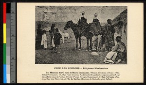 Missionary sisters mounted on horseback visiting Zulu home, South Africa, ca.1920-1940