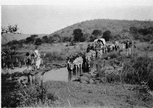 Wagon crossing a river, southern Africa