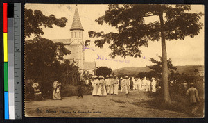 People gathering before a stone church, Boma, Congo, ca.1920-1940