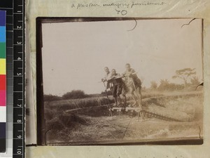 Three Chinese labourers working a water mill, Fujian Province, China, ca. 1888-1906