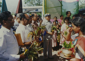 Assam, Nordindien. Mornai Tehaves 100 års jubilæum, juni 1990. Særlige gæster byder velkommen
