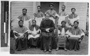 Father Martin and Kalawao Church altar boys, Molokai, Hawaii, 1920