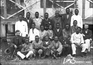 Swiss missionaries with African men, Maputo, Mozambique, ca. 1896-1911