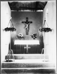 Sanctuary of the church decorated during advent season, Gonja, Tanzania, ca.1937-1938