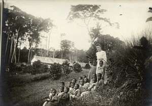 Valentine Lantz and pupils of the mission school, in Gabon