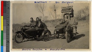 Missionaries driving motorcycles with side cars, Haizhou, Jiangsu, China, ca.1910-1930