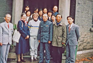 Danish group on a study visit to Dongbei, China, 1986. The group is standing in front of a chur