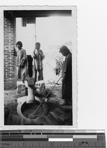 Blind girls working at the orphanage at Luoding, China, 1936