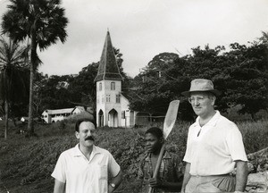 French missionaries in front of the church of Lambarene, in Gabon