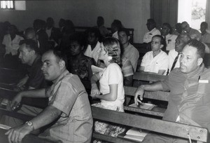 Assembly of the Pacific conference of Churches in Chepenehe, 1966 : French representatives with the interpreter