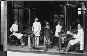 Children weaving at the Christian Herald Industrial Mission, Fuzhou, Fujian, China, ca. 1910