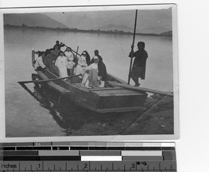 Maryknoll Sisters with Franciscan Missionaries on a boat at Zhaoqing, China, 1923