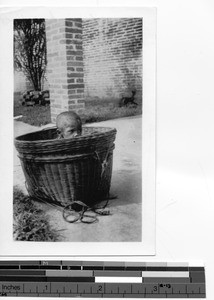 A child in a basket at Luoding, China, 1935