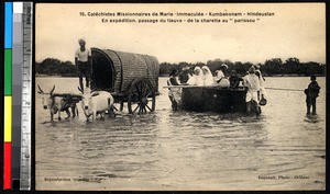 Transporting missionaries across a river, Kumbakonam, India, ca.1920-1940