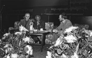 DMS landsmødem1984 i Aarhus. Fra venstre Jørgen Lynning, Biskop Desmond Tutu og Jakob Rönnow