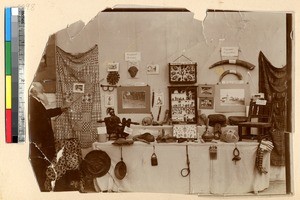 Rev. Ramseyer lecturing at exhibition, probably Paris, ca.1885-1895