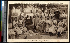 Missionary sisters with girls spinning thread, Angola, ca.1900-1930