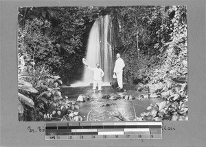 Missionaries Böhme and Zickmantel at Kilasi Waterfall, Rungwe, Tanzania, ca. 1903-1916