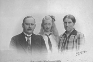 Arcot, South India. Missionaries Victor Theill and Mrs Sofie Theill with the daughter, Johanne