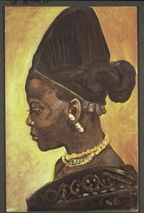 8. Bamum girls have an archaic old-assyrian hair-style. In their ears they have tubular glass beads with a circular section. At the back of their heads they have small leather envelopes introduced by the Hausa as magical protection