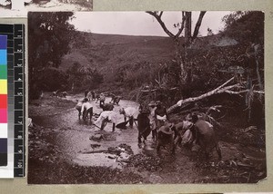 Men washing gold in river, Madagascar, ca. 1913