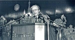 Kathmandu, Nepal. Blue Star Hotel, October 1991. The President Jørgen Nørgaard Pedersen speakin