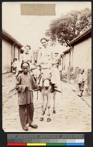 Women missionaries on donkeys, Tengchowfu, Shandong, China, ca.1910-1920