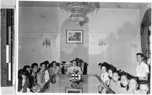St. James Academy yearbook staff visits President Quirino at Malacanang Palace, Manila, Philippines, September 10, 1948