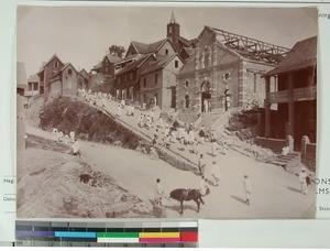 Steep road to Ambatovinaky and the Municipal Theater under construction, Antananarivo, Madagascar, ca.1900