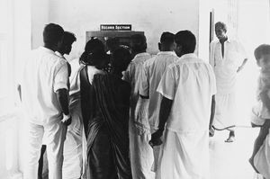 Danish Mission Hospital, Tirukoilur, Arcot, South India,1968. Patients standing in line at the