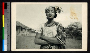 Young Fulbe woman in headdress and shawl, Cameroon, ca.1920-1940