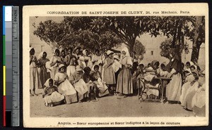 Sisters teach girls how to sew, Angola, ca.1900-1930