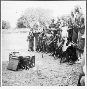 Group of Maasai listening to music with a phonograph, Tanzania, ca.1927-1938